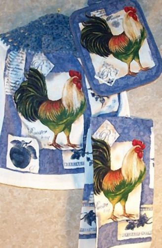 Kitchen Towel Hanging Hand Hot Pad Rooster Blue 3ps New